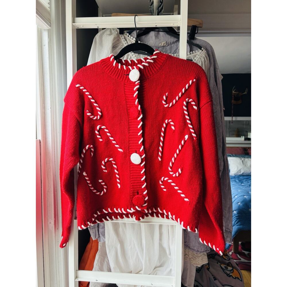 VTG Candy Cane Neck Stitching Lace Up Pullover‎ Knitted Sweater Womens Large